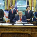 President Donald Trump with Congo's Foreign Minister Therese Kayikwamba Wagner and Rwanda's Foreign Minister Olivier Nduhungirehe at the White House in June, as Vice President JD Vance and Secretary of State Marco Rubio watch. | Manuel Balce Ceneta/AP