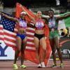 Grace Stark (USA) – 12.34 (Bronze), Ditaji Kambundji (SUI) – 12.24 (Gold), Tobi Amusan (NGR) – 12.29 (Silver)