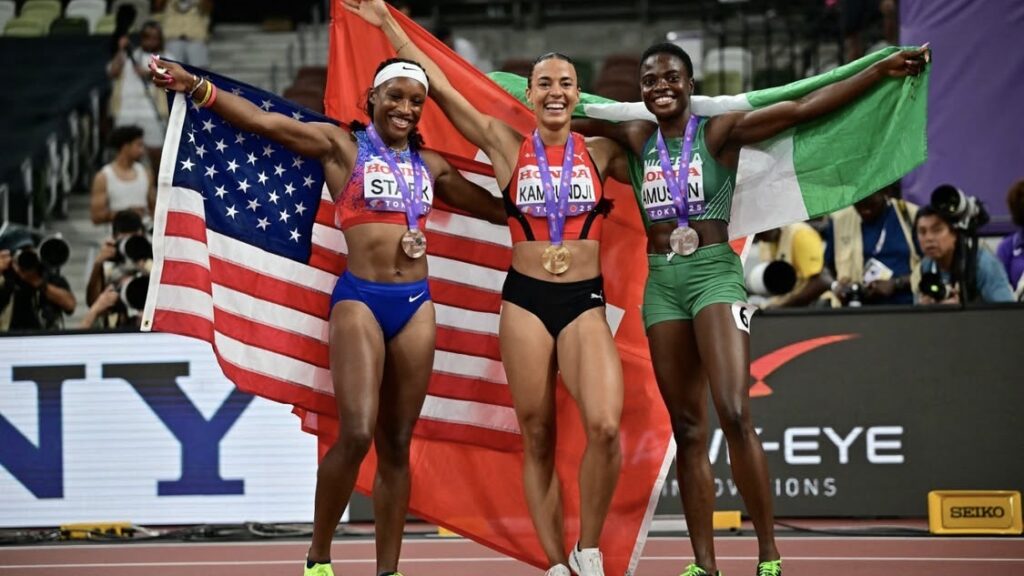 Grace Stark (USA) – 12.34 (Bronze), Ditaji Kambundji (SUI) – 12.24 (Gold), Tobi Amusan (NGR) – 12.29 (Silver)