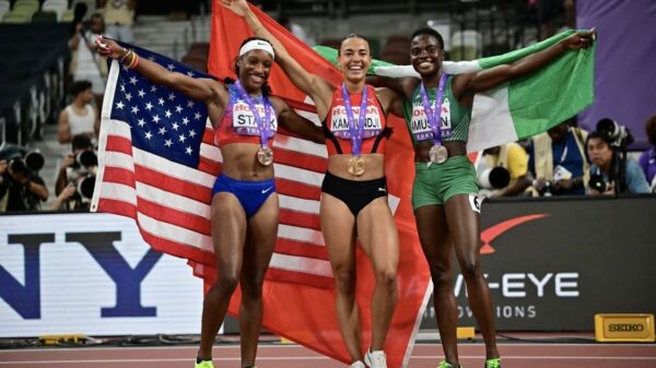 Grace Stark (USA) – 12.34 (Bronze), Ditaji Kambundji (SUI) – 12.24 (Gold), Tobi Amusan (NGR) – 12.29 (Silver)