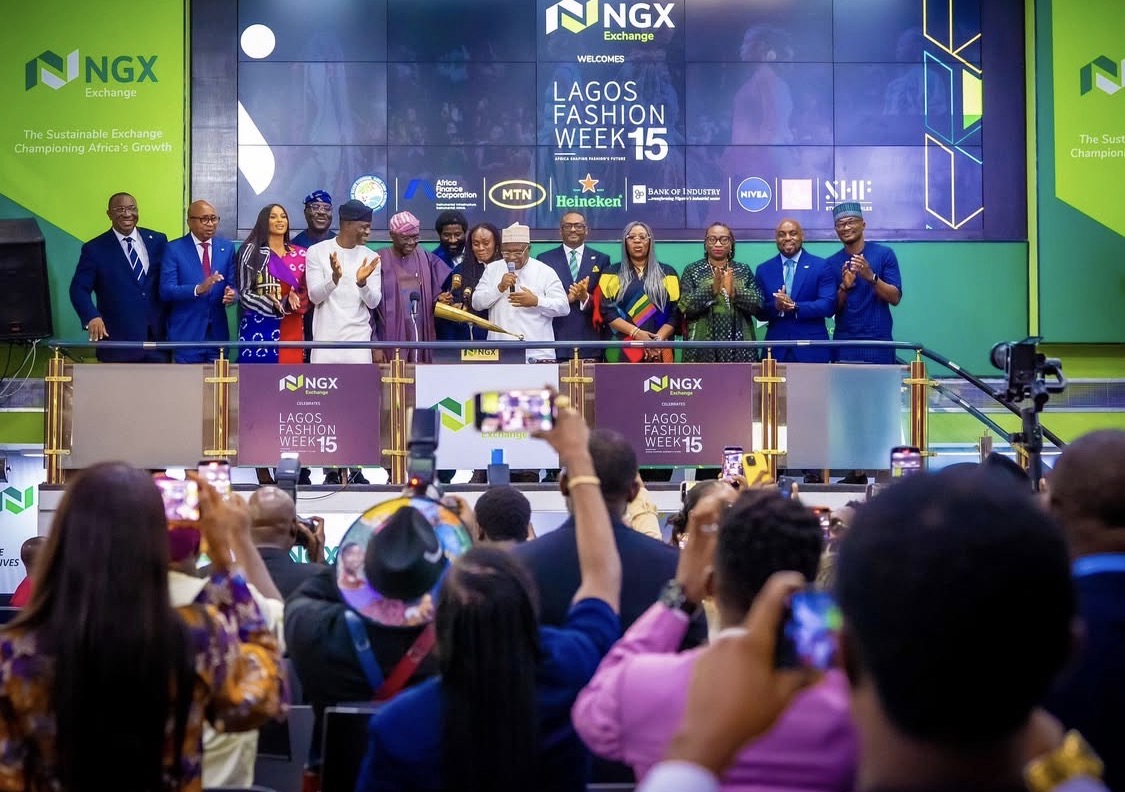 Lagos State Governor Babajide Sanwo-Olu, Lagos officials and American singer Ciara Wilson at the Nigerian Exchange (NGX) in Lagos