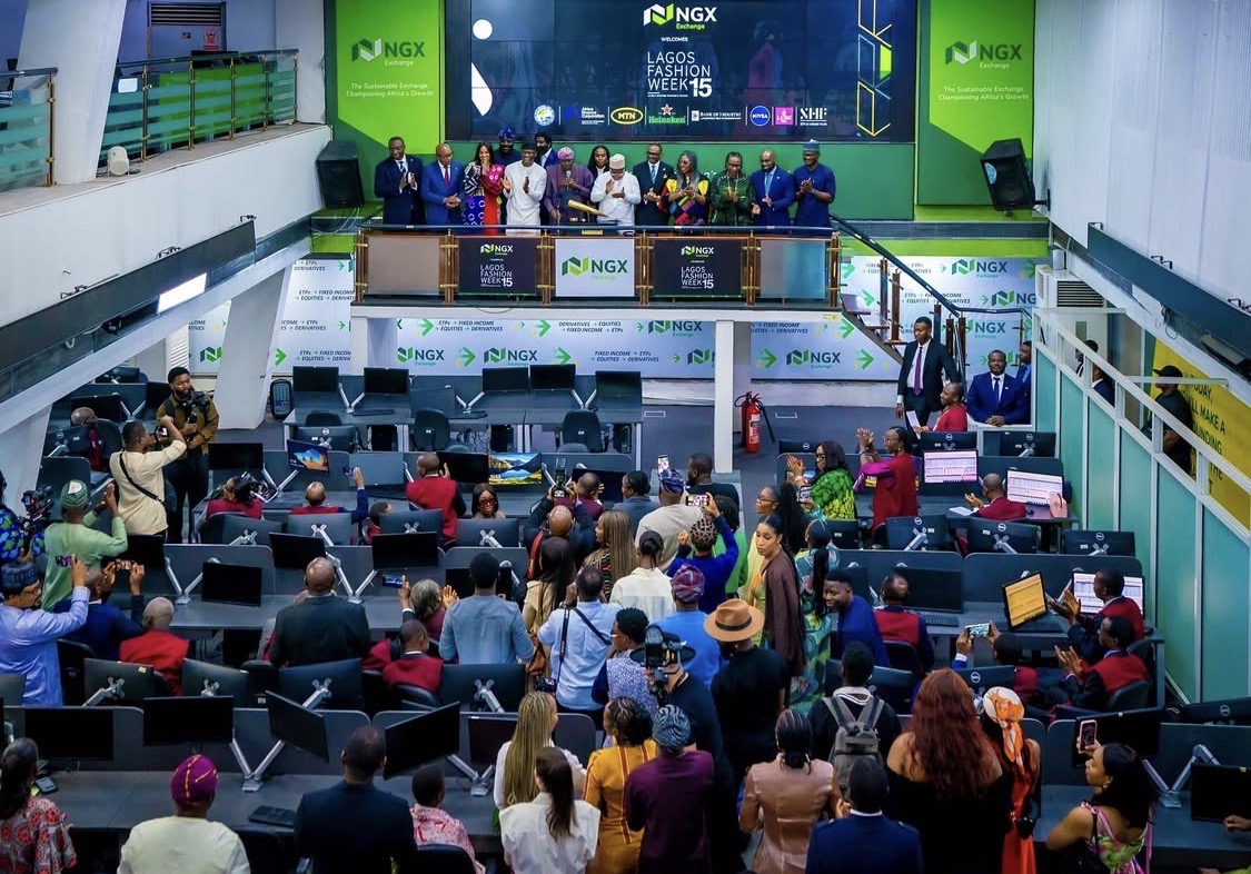 Lagos State Governor Babajide Sanwo-Olu, Lagos officials and American singer Ciara Wilson at the Nigerian Exchange (NGX) in Lagos