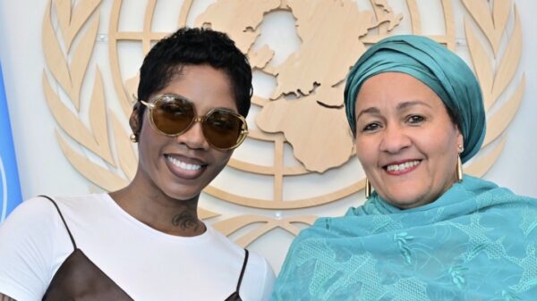 Tiwa Savage and Amina J. Mohammed at the United Nations Headquarters in New York.