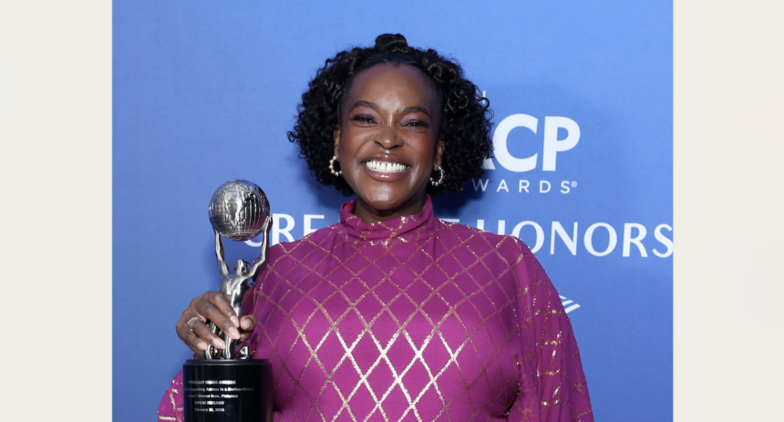 LOS ANGELES, CALIFORNIA - FEBRUARY 26: Wunmi Mosaku poses with the Outstanding Supporting Actress in a Motion Picture award for "Sinners" during the NAACP Image Awards Creative Honors at L.A. Live Event Deck Top Floor Of The West Lot on February 26, 2026 in Los Angeles, California. (Photo by Leon Bennett/Getty Images for NAACP)
