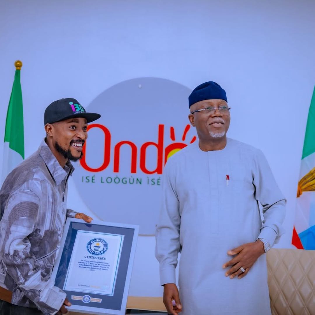 Guinness World Record holder Aiyenuro presents certificate to Ondo Governor