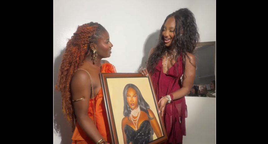Nigerian artist Somto Doris gifts Tems portrait in Saint Lucia